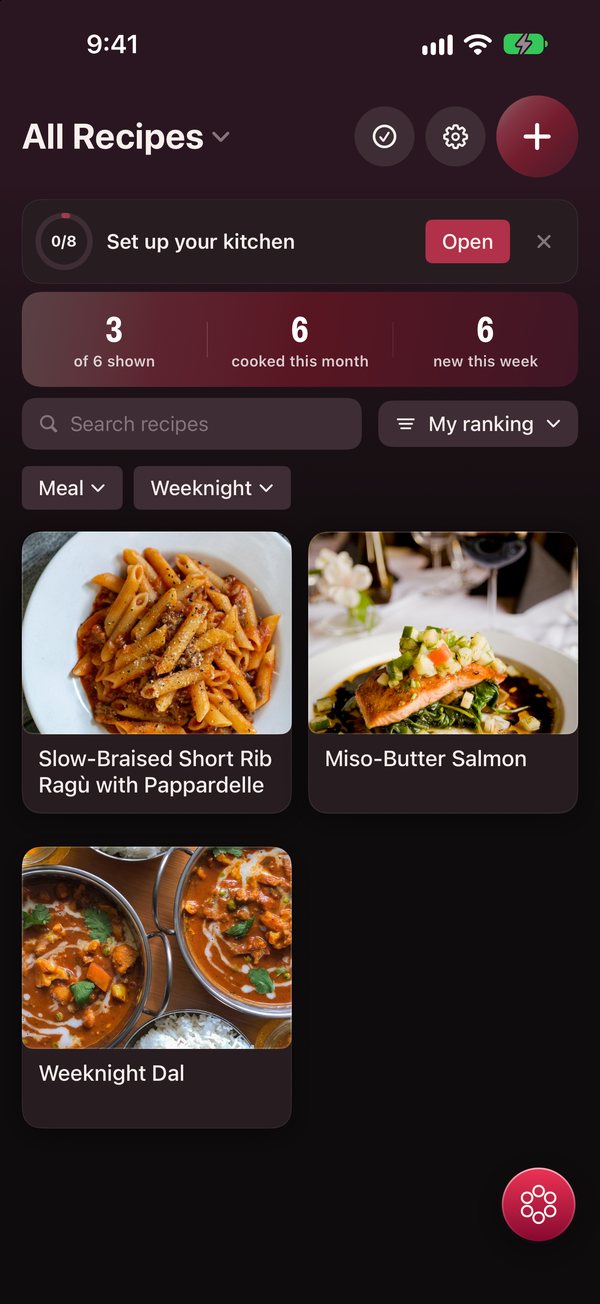 The cookbook grid sorted by My ranking, showing three ranked recipes with their photographs.