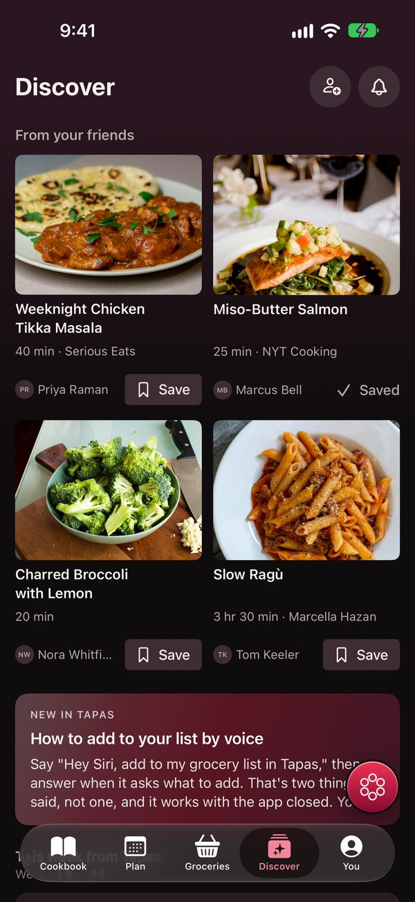 The Discover tab, showing recipes from friends: a chicken tikka masala from Priya and a miso-butter salmon from Marcus, each with a Save button, above a card about adding to the grocery list by voice.