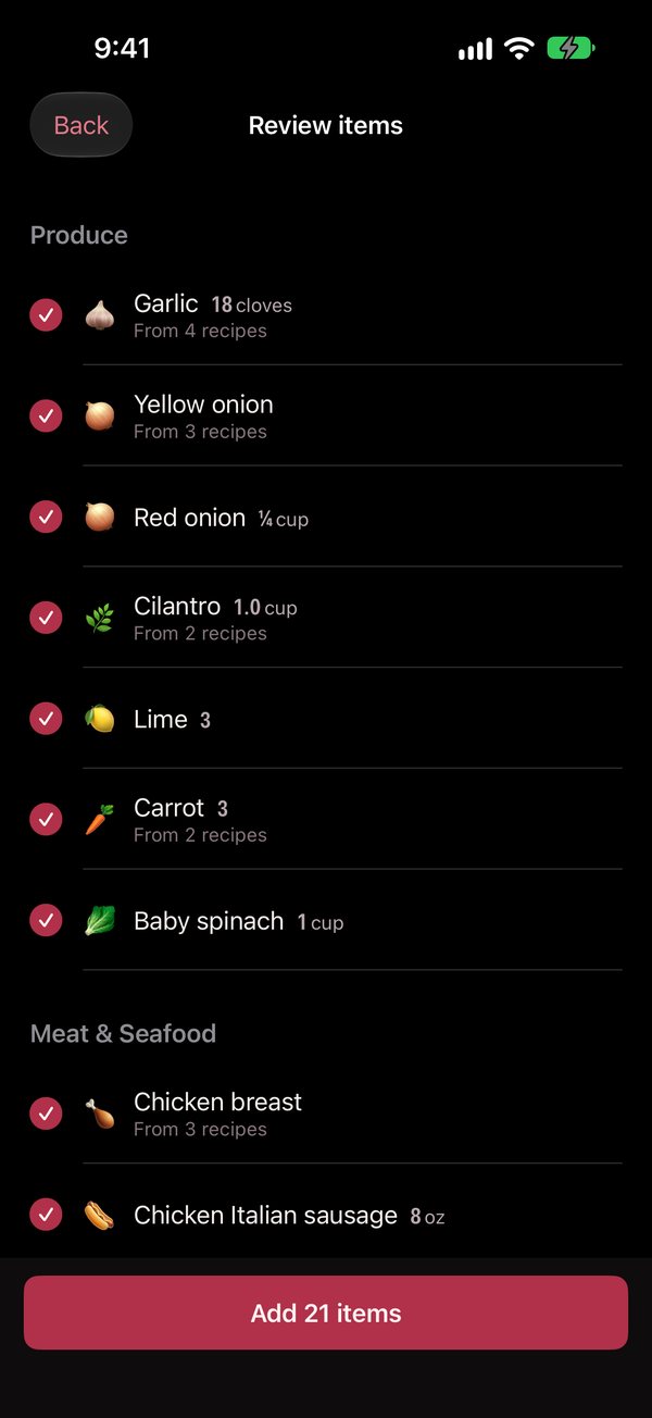The review screen for items being added to the grocery list, grouped into Produce and Meat and Seafood, with garlic combined to 18 cloves from 4 recipes.