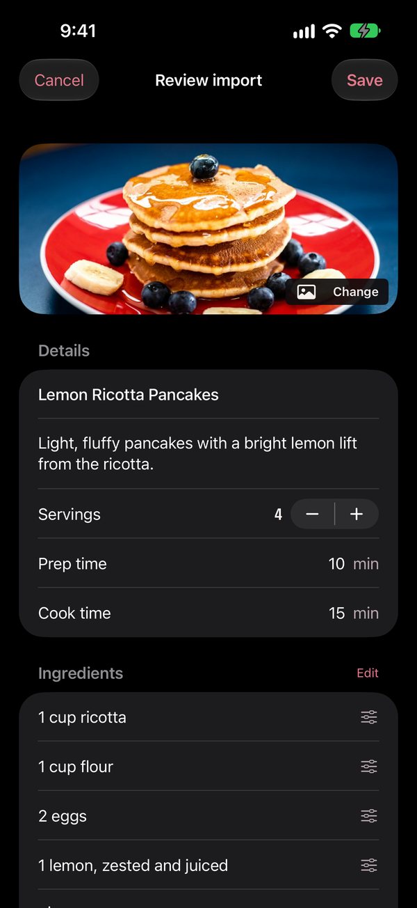 The review screen after an import, showing a photo of lemon ricotta pancakes with the title, servings, prep and cook time and the ingredient list already filled in.